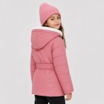 Girl's fleece-lined puffer jacket in pink with sherpa hood, belted waist - 002 view, OEM wholesale kids outwear, big-kid size