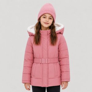 Girl's fleece-lined puffer jacket in pink with sherpa hood, belted waist - 001 view, OEM wholesale kids outwear, big-kid size