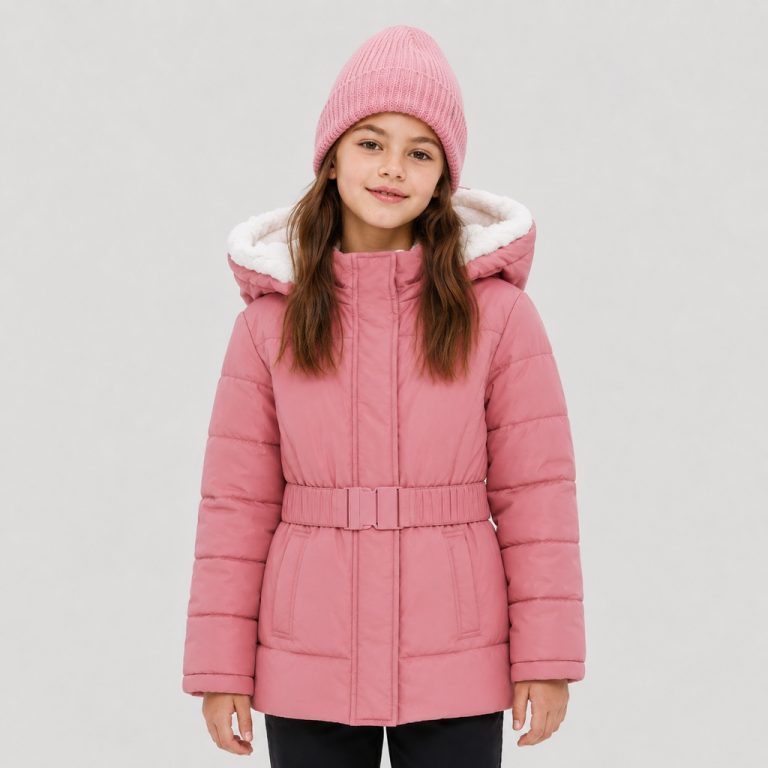 Girl's fleece-lined puffer jacket in pink with sherpa hood, belted waist - 001 view, OEM wholesale kids outwear, big-kid size