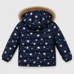 Girl's puffer jacket in navy with gold/silver glitter star print and faux-fur trim hood - 004 view, OEM wholesale kids outwear, small-kid size