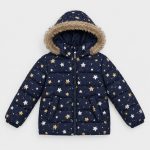 Girl's puffer jacket in navy with gold/silver glitter star print and faux-fur trim hood - 003 view, OEM wholesale kids outwear, small-kid size