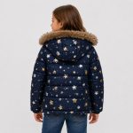 Girl's puffer jacket in navy with gold/silver glitter star print and faux-fur trim hood - 002 view, OEM wholesale kids outwear, small-kid size