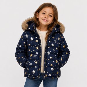 Girl's puffer jacket in navy with gold/silver glitter star print and faux-fur trim hood - 001 view, OEM wholesale kids outwear, small-kid size