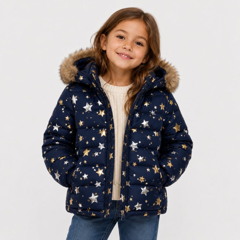 Girl's puffer jacket in navy with gold/silver glitter star print and faux-fur trim hood - 001 view, OEM wholesale kids outwear, small-kid size