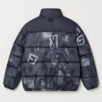Boy's puffer jacket in navy with distressed letter graphic print - flat back view, OEM wholesale kids outerwear