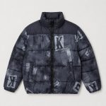 Boy's puffer jacket in navy with distressed letter graphic print - flat front view, OEM wholesale kids outerwear