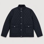 Men's classic quilted jacket in navy diamond-quilt pattern - flat front view, OEM wholesale outerwear