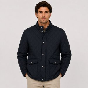 Men's classic quilted jacket in navy diamond-quilt pattern - model front view, OEM wholesale outerwear