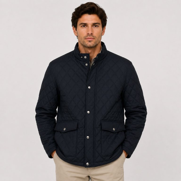 Men's classic quilted jacket in navy diamond-quilt pattern - model front view, OEM wholesale outerwear