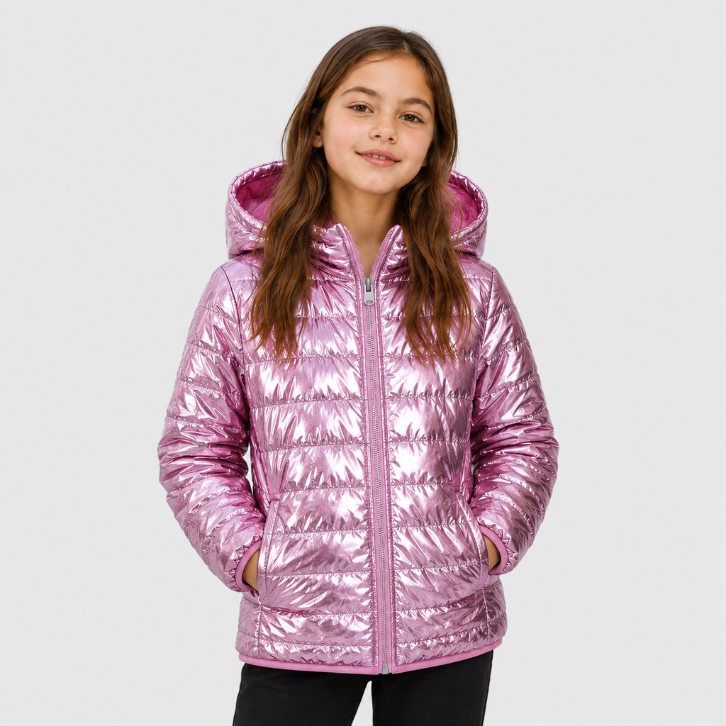 Girl’s Shiny Metallic Quilted Jacket – OEM Iridescent Kids Outerwear Manufacturer | Northern Garment