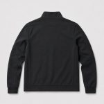 Lay-flat back view of black mock-neck athletic jacket, clean back panel, ribbed cuffs and ribbed hem band, no back pockets, light gray backdrop