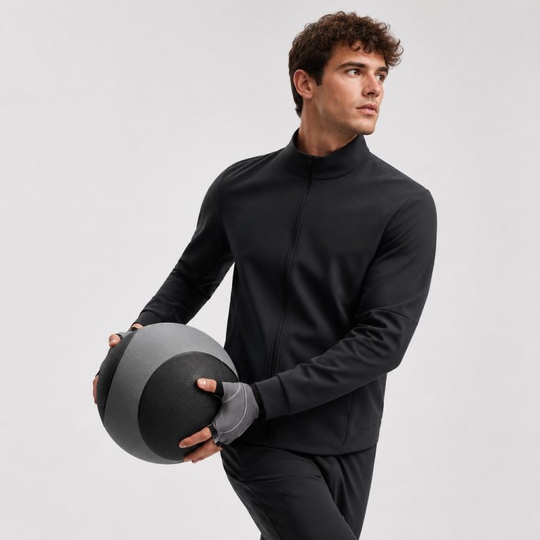 Lifestyle action shot of male athlete wearing black mock-neck full-zip athletic jacket, holding a medicine ball with fingerless workout gloves, gray sweatpants, looking sideways, light gray studio backdrop