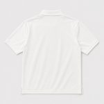 Lay-flat back view of white short-sleeve polo workout shirt with horizontal back yoke seam, side vents at hem, plain back panel, light gray studio backdrop