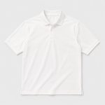 Lay-flat front view of white short-sleeve polo workout shirt with 3-button placket, self-fabric flat-knit collar, side vents at hem, plain front panel, light gray studio backdrop