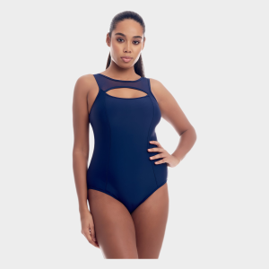 Front view of a navy blue sleeveless bodysuit leotard with mesh yoke and keyhole cutout detail at the neckline, modeled on a woman against a white background.