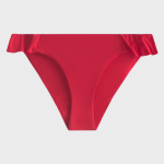 Red women's bikini bottom with a high-cut leg design and folded, ruched waistband detail, displayed flat on a white background.