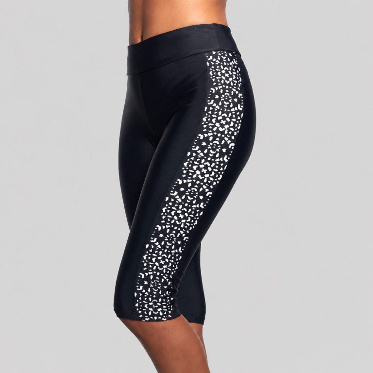 Women's plus size capri-length swim legging in black speckle - alternate angle view, OEM wholesale women's plus-size swimwear