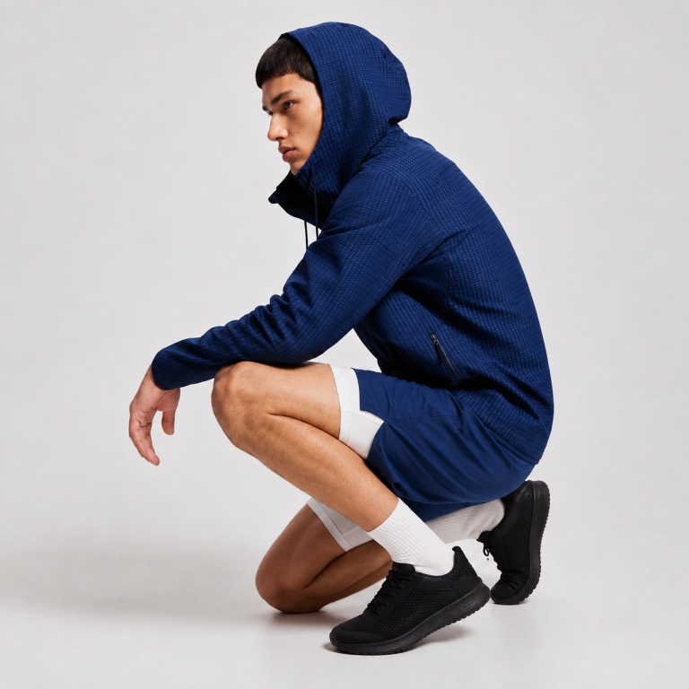 Men's navy hooded athletic jacket, crouching pose, logo-free shoes and socks