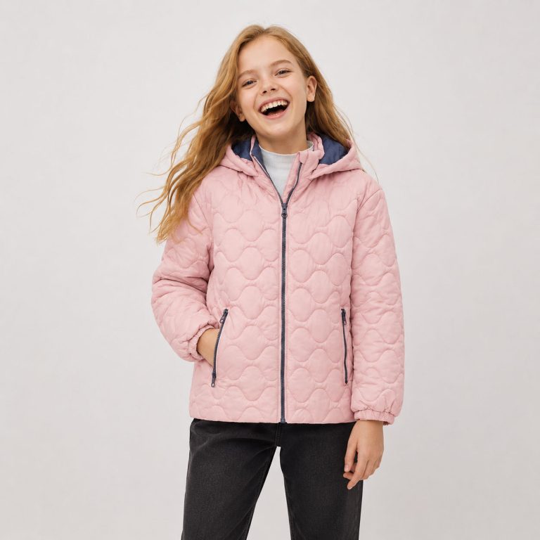 Girls pink quilted jacket with diamond stitch - front view, OEM wholesale girls outerwear