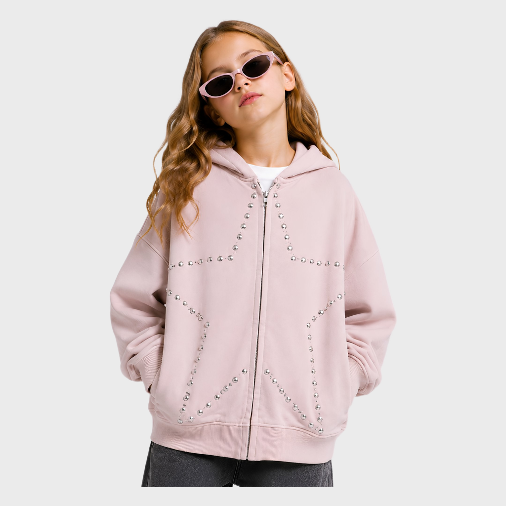 Girls Dusty Pink Star Appliqué Zip-Up Hoodie – OEM Girls Hoodie Manufacturer | Northern Garment