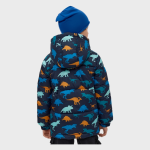 Back view of a child wearing a navy blue puffer jacket with an allover multicolored dinosaur print, featuring an attached hood and a royal blue beanie on a white background.