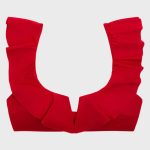Front view of a red strapless bikini top with a deep plunge neckline, sculpted ruched side panels, and twisted fabric detail at the center bust, photographed on a white background.