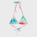 Women's triangle bikini top in multicolored tie-dye pattern, featuring halter neck ties and adjustable back string closure, displayed flat on white background.