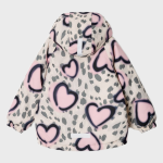 Cream-colored children's hooded puffer jacket featuring an all-over print of pink and navy heart shapes over a gray leopard spot pattern, shown from the back on a plain white background.
