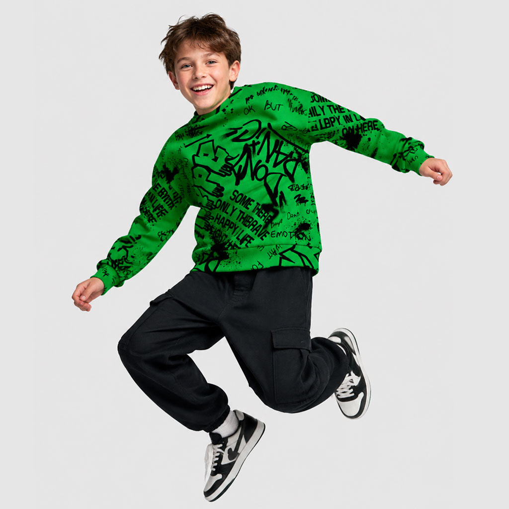 Men’s/Women’s Streetwear Graffiti Print Oversized Crewneck Sweatshirt – Neon Green & Black