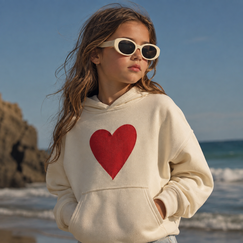 Girls Cream Red Fuzzy Heart Pullover Hoodie – OEM Girls Hoodie Manufacturer | Northern Garment