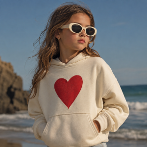 Model wearing a cream pullover hoodie featuring a large red heart graphic on the front center, photographed outdoors on a beach with ocean and rock formations in the background.