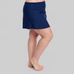 Women's plus size skirted swim bottom in navy - side view, OEM wholesale women's plus-size swimwear