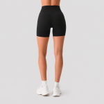 Women's black high-waisted biker workout shorts, back view