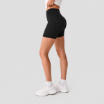 Women's black high-waisted biker workout shorts, side detail view
