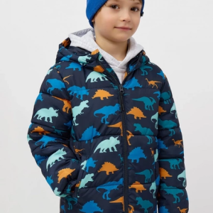 Child's front-facing studio shot wearing a navy puffer jacket with colorful dinosaur print, front zipper, attached hood over gray sweatshirt, paired with blue knit beanie.