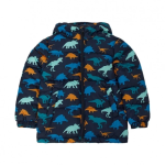 Navy blue hooded puffer jacket for kids featuring an allover colorful dinosaur print, shown in a flat-lay front view with a full-length front zipper.