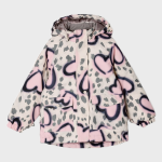 Child's pink hooded puffer jacket featuring a leopard print pattern with large heart motifs, snap-button front closure, and two flap pockets.