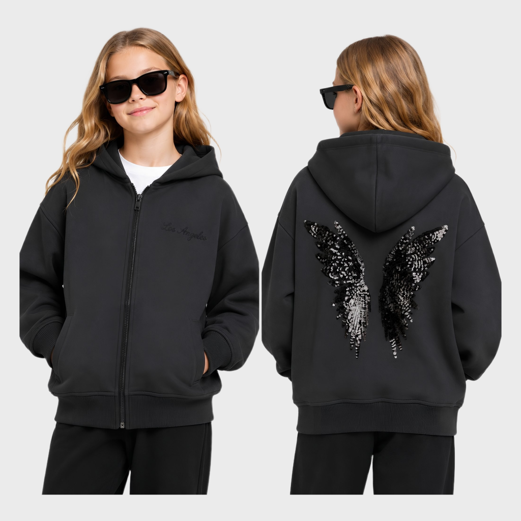 Girls Black Sequin Wings Los Angeles Zip-Up Hoodie – OEM Girls Hoodie Manufacturer | Northern Garment