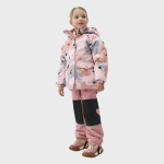 Child modeling a pink floral-patterned hooded winter jacket with front zipper and flap pockets, paired with pink and black ski pants in a studio setting.