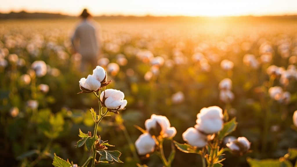 Sustainable cotton field at harvest with mature cotton bolls and a smallholder farmer in light clothing at the edge of the field, photographed at golden hour