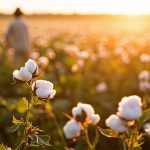 Sustainable cotton field at harvest with mature cotton bolls and a smallholder farmer in light clothing at the edge of the field, photographed at golden hour