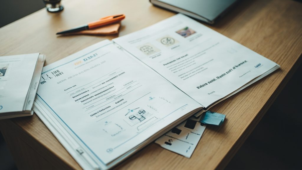 Garment factory compliance folder on a desk showing an OEKO-TEX Standard 100 certificate, supplier map, social audit report, chain-of-custody one-pager, and cotton fabric swatches