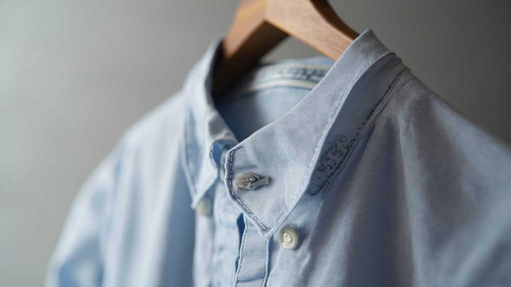 Close-up of a custom-made light blue shirt collar showing precise stitching and embroidered monogram detail on a wooden hanger