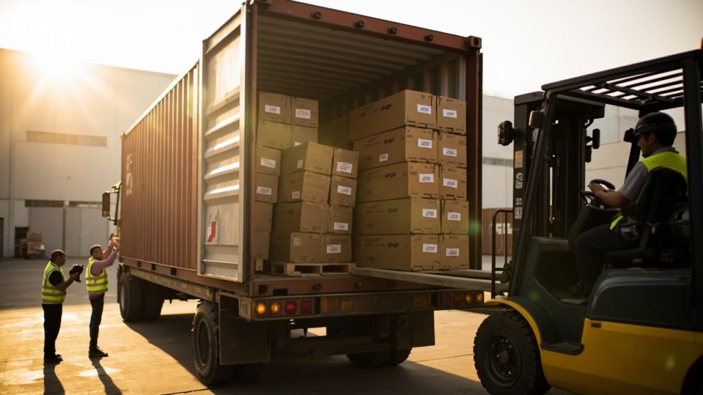 Photo of a forklift loading cardboard boxes into an open shipping container, with two workers in high-visibility vests checking inventory under warm sunlight.