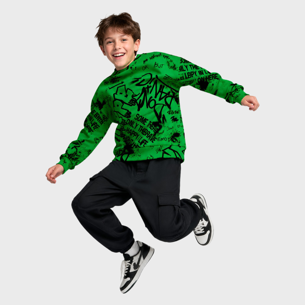 Boys Green Black Graffiti Handstyle Pullover Hoodie – OEM Boys Hoodie Manufacturer | Northern Garment