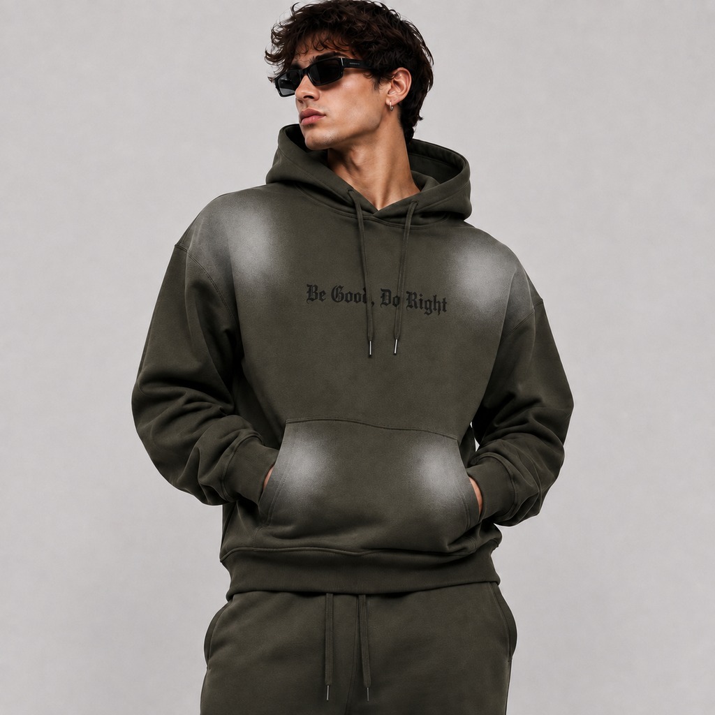 Men’s Spray Print Hoodie – OEM Olive Green Be Good Do Right Gothic Text Pullover Hoodie Manufacturer | Northern Garment