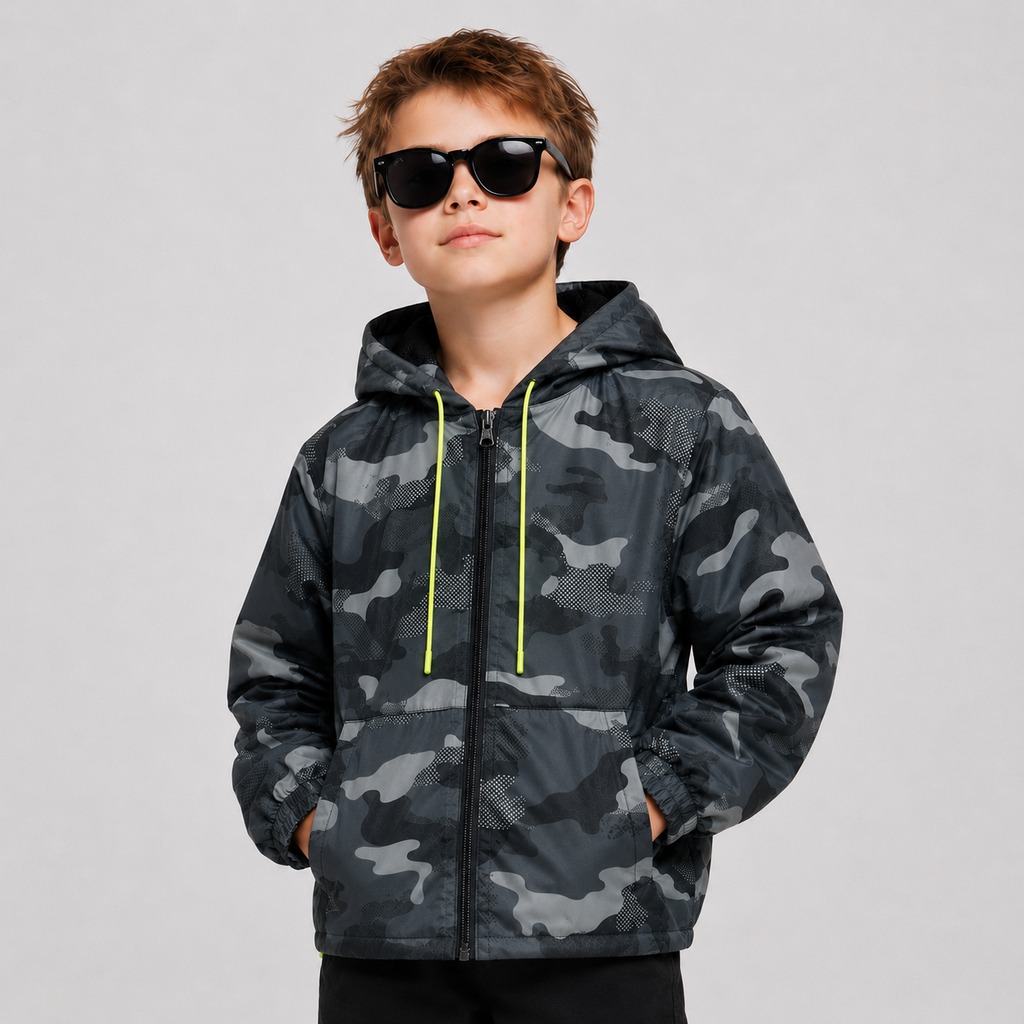 Boy’s Camo Windbreaker – OEM Dark Gray Abstract Camo Print Neon Yellow Drawstring Hooded Windbreaker Jacket Manufacturer | Northern Garment