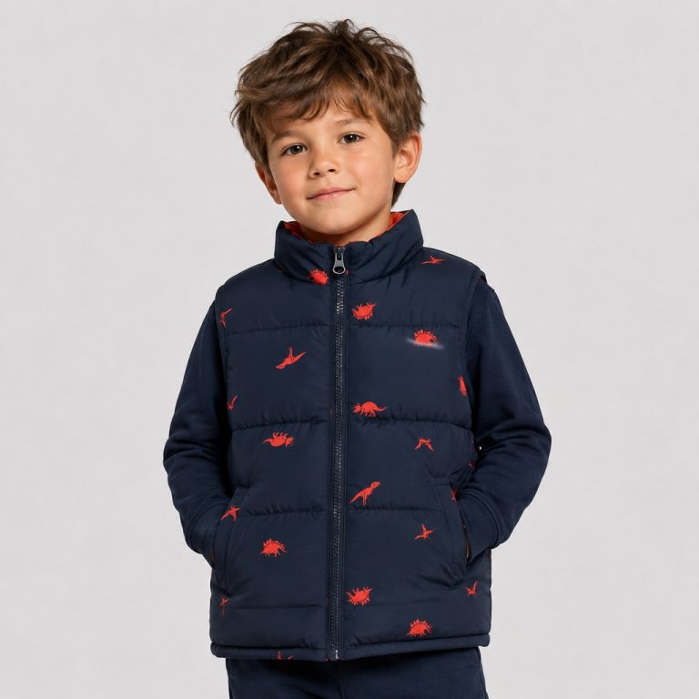 Boy's navy blue puffer vest (sleeveless) with high funnel collar, full-length silver metal zipper front, two slanted side pockets, allover scattered orange dinosaur silhouette print including T-rex triceratops pterodactyl motifs, contrasting orange inner lining, kid model front view hands in pockets smiling