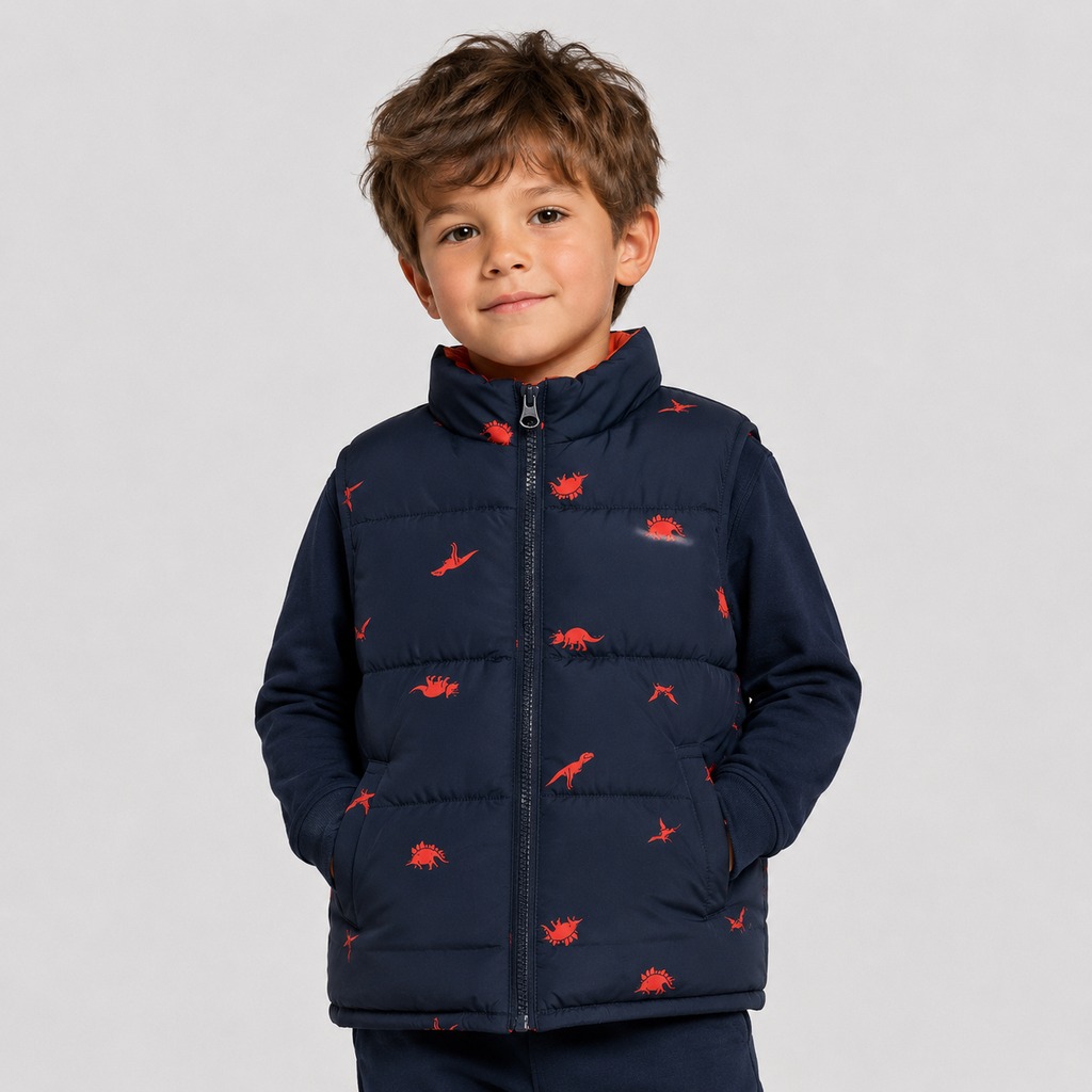 Boy’s Dinosaur-Print Puffer Vest – OEM Navy Blue Orange Dinosaur Silhouette Print Funnel Collar Puffer Vest Manufacturer | Northern Garment