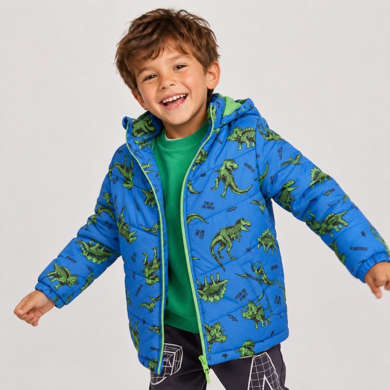 Boy's royal blue diamond quilted puffer jacket with hood, full-length lime green metal zipper, two zip pockets at front waist, allover scattered cartoon dinosaur silhouette print (T-rex triceratops pterodactyl stegosaurus) and scattered 'WILD ONE' slogan and lightning bolt decorations, contrasting lime green inner lining at hood and zipper placket, ribbed cuffs and hem, kid model front view smiling, green knit beanie and green long-sleeve tee under, hands slightly spread
